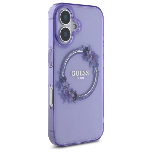 Etui Guess IML Flowers Wreath MagSafe do iPhone 16 Fioletowy