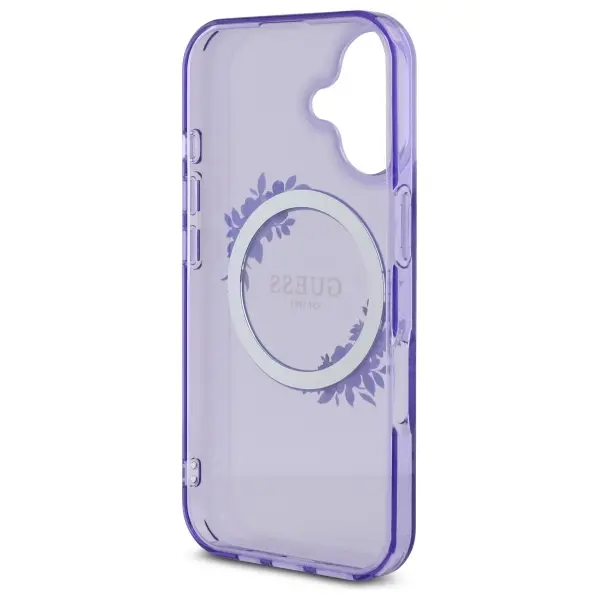 Etui Guess IML Flowers Wreath MagSafe do iPhone 16 Fioletowy