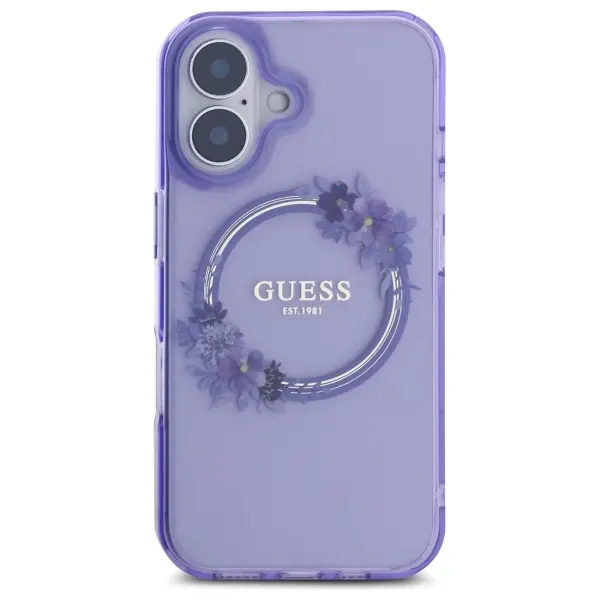 Etui Guess IML Flowers Wreath MagSafe do iPhone 16 Fioletowy
