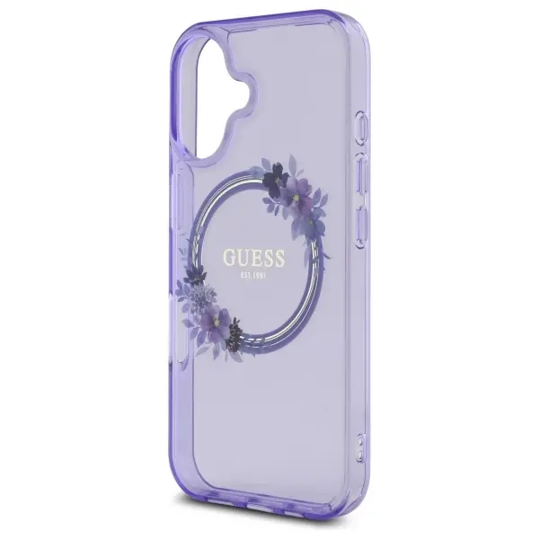 Etui Guess IML Flowers Wreath MagSafe do iPhone 16 Fioletowy