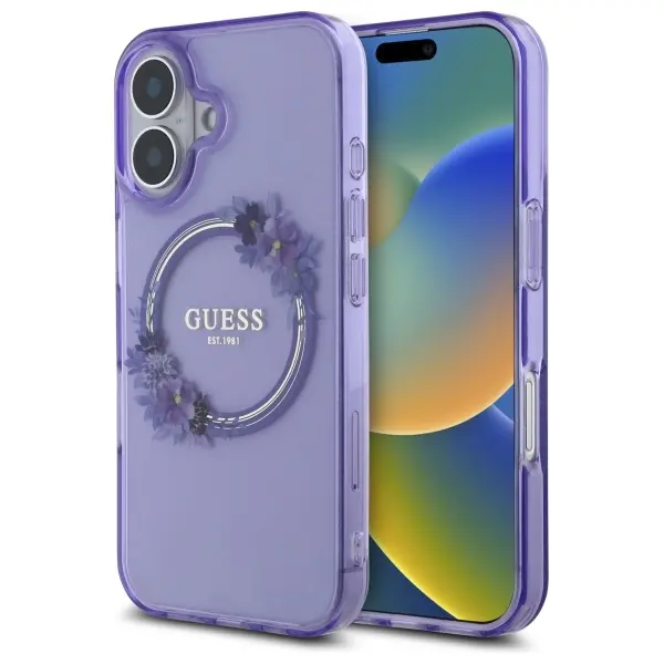 Etui Guess IML Flowers Wreath MagSafe do iPhone 16 Fioletowy