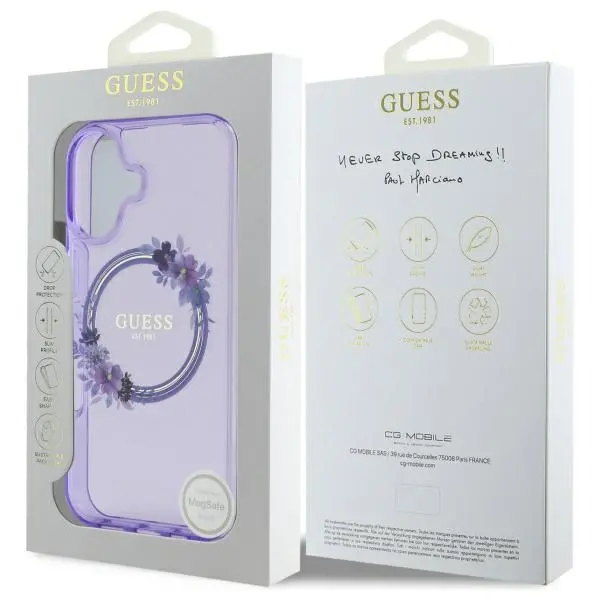 Etui Guess IML Flowers Wreath MagSafe do iPhone 16 Fioletowy