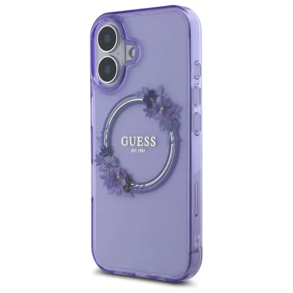 Etui Guess IML Flowers Wreath MagSafe do iPhone 16 Fioletowy
