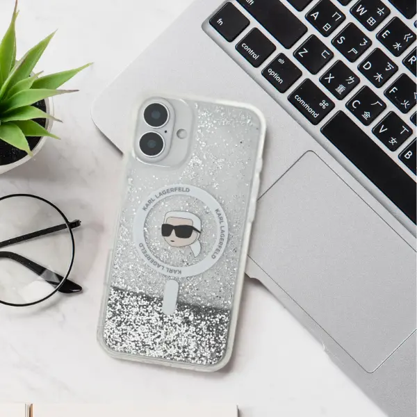 Etui Karl Lagerfeld Liquid Glitter Choupette Head MagSafe do iPhone 16 Przezroczysty