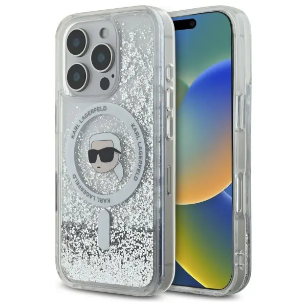 Etui Karl Lagerfeld Liquid Glitter Karl Head MagSafe do iPhone 16 Pro Max Przezroczysty