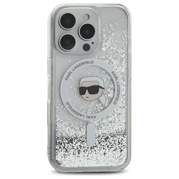 Etui Karl Lagerfeld Liquid Glitter Karl Head MagSafe do iPhone 16 Pro Max Przezroczysty