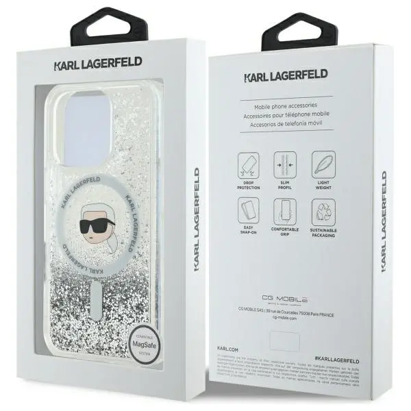 Etui Karl Lagerfeld Liquid Glitter Karl Head MagSafe do iPhone 16 Pro Max Przezroczysty
