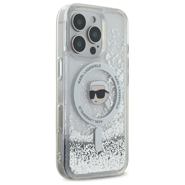 Etui Karl Lagerfeld Liquid Glitter Karl Head MagSafe do iPhone 16 Pro Max Przezroczysty