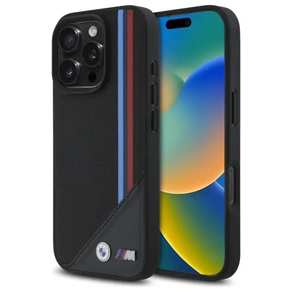 Etui BMW M Meshed Tricolor Stripes MagSafe do iPhone 16 Pro Czarny