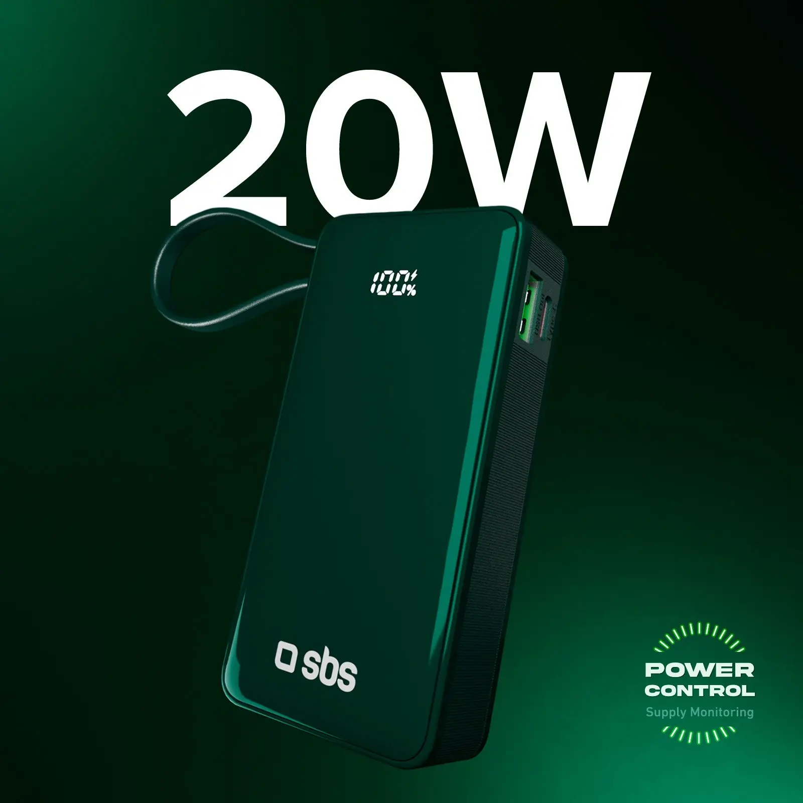 Powerbank SBS TTBB10000LCDTCPD20G 10000mAh PD 20W Wbudowany kabel USB-C Zielony