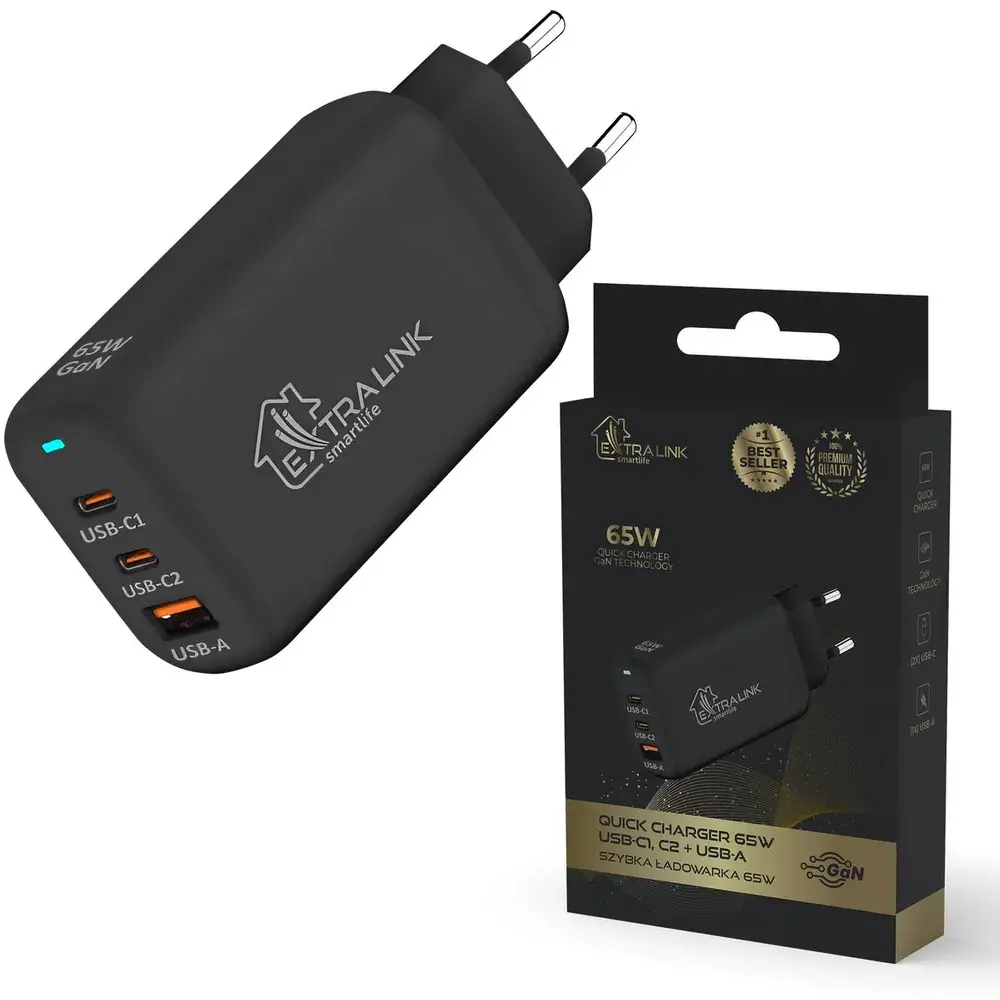 Ładowarka sieciowa Extralink Smart Life Fast 2xUSB-C USB 65W GaN Czarny