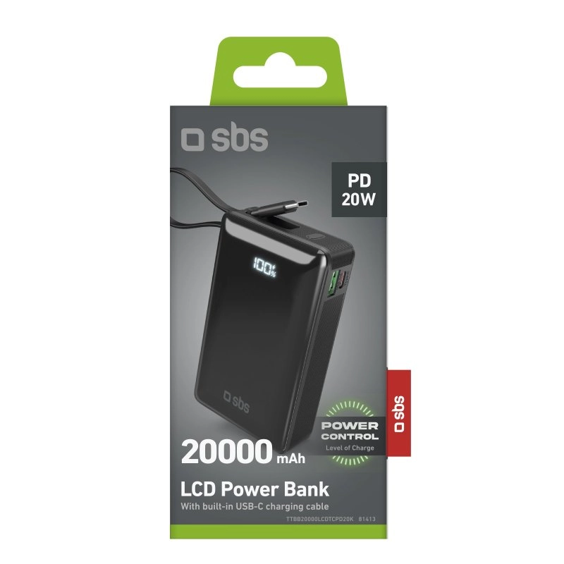 Powerbank SBS TTBB20000LCDTCPD20K 20000mAh PD 20W Wbudowany kabel USB-C Czarny