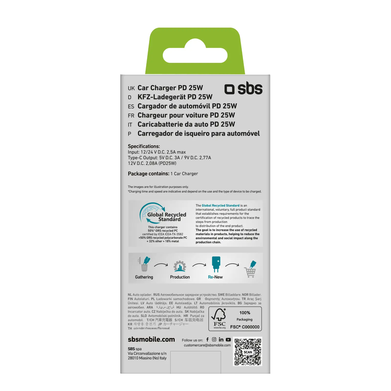 Ładowarka samochodowa SBS ECO Car GRS USB-C 25W Biały