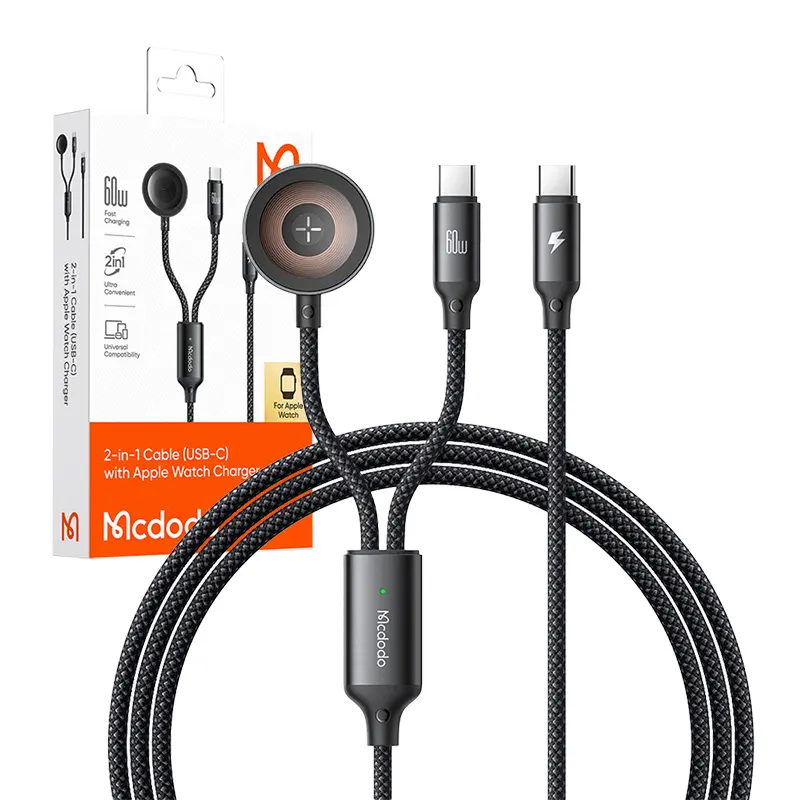 Kabel Mcdodo 2w1 CA-2200 USB-C + ładowarka Apple Watch 60W 1,2m Czarny