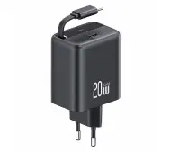 USAMS 1xUSB-C Retractable PD+QC 20W Gan Fast Charging Czarny
