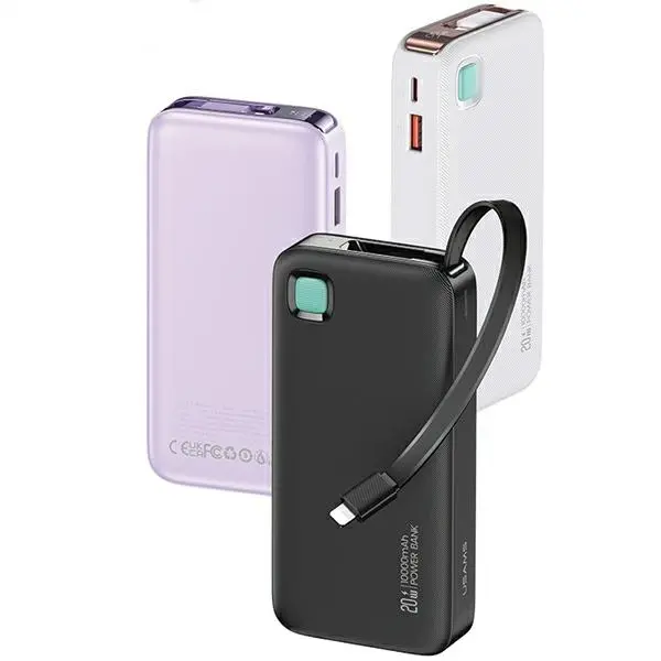 Powerbank USAMS US-CD225 Ze zwijanym kablem Lightning Retractable 10000mAh PD 20W Fast Charge XY Series Fioletowy