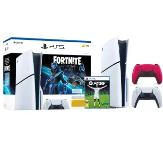 Konsola Sony PlayStation 5 Slim D Chassis (PS5) 1TB z napędem Fortnite Cobalt + Dodatkowy Pad Czerwony + EA SPORTS FC 25