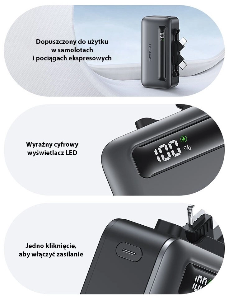 Powerbank USAMS US-CD233 (4K5CD23301) 4500mAh 20W PD Fast Charge XB Series Ciemnoszary