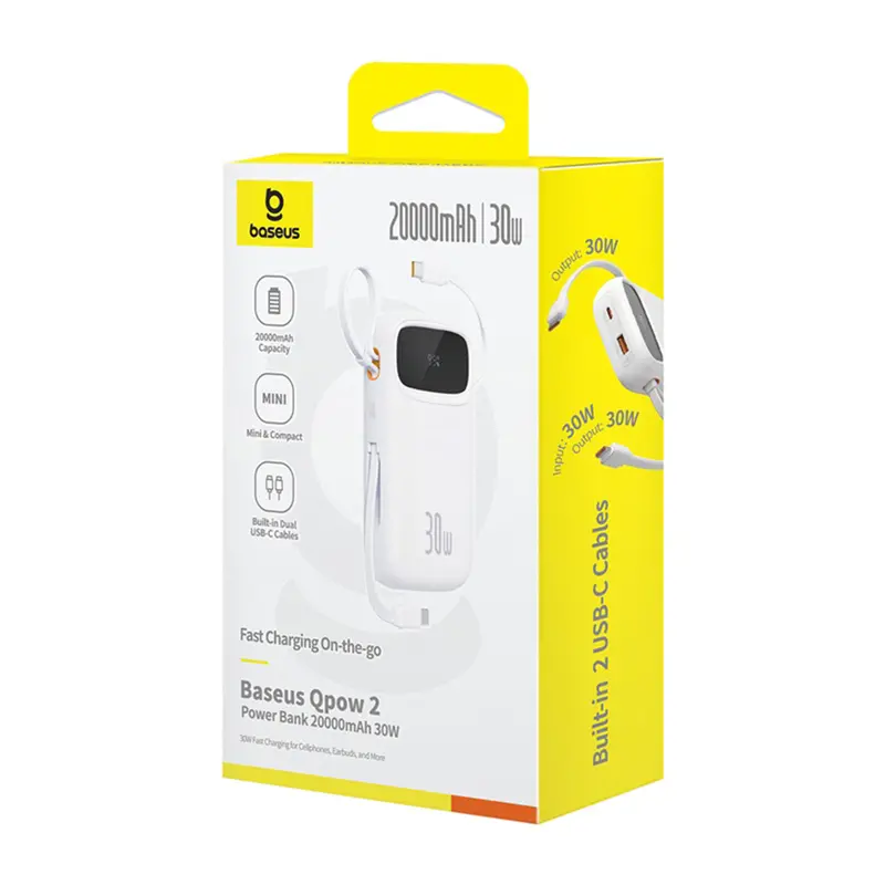 Powerbank Baseus P10055009213-00 QPow 2 z kablem USB-C 20000mAh 30W Biały