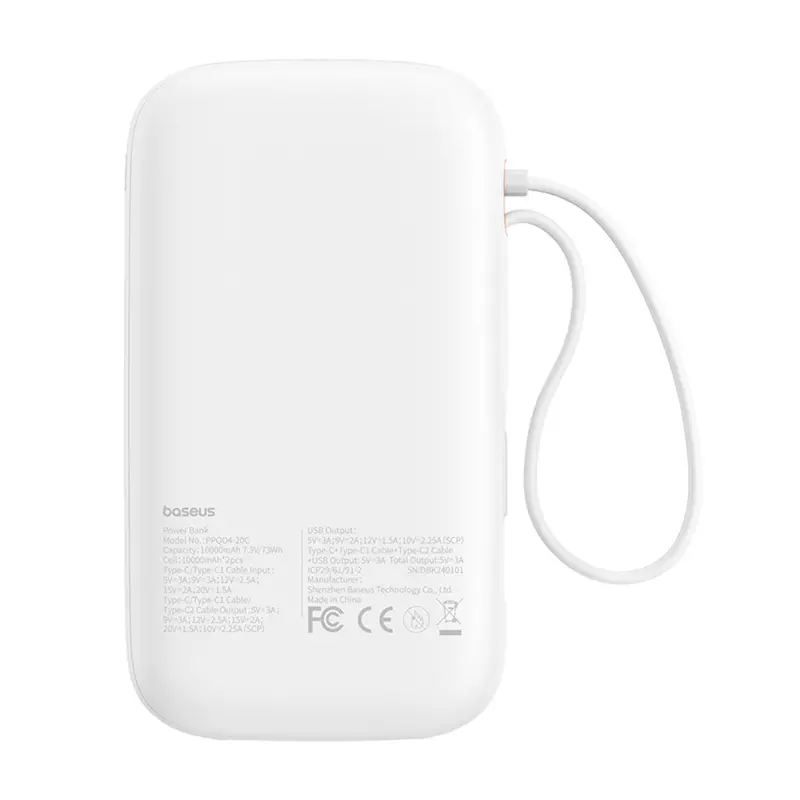 Powerbank Baseus P10055009213-00 QPow 2 z kablem USB-C 20000mAh 30W Biały