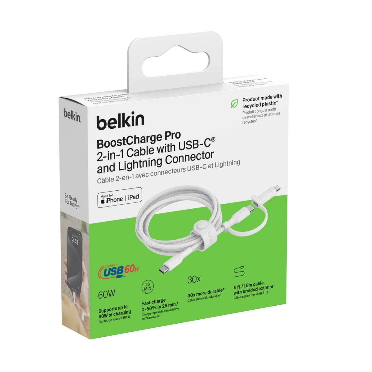 Kabel Belkin 2w1 USB-C do Lightning 60W 1,5m Biały