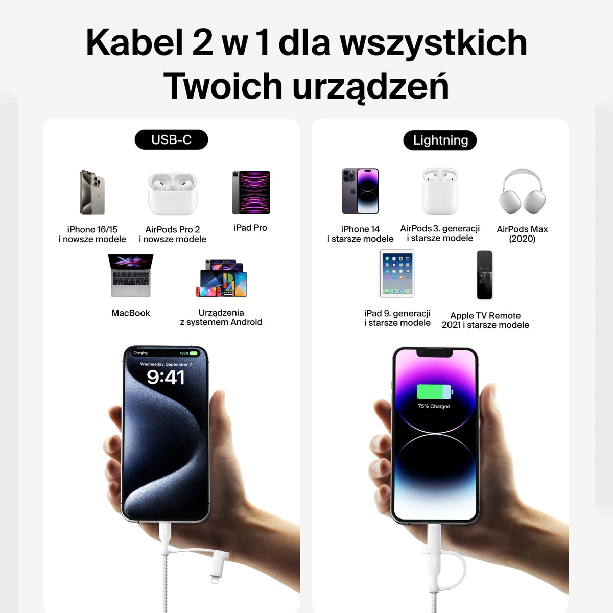 Kabel Belkin 2w1 USB-C do Lightning 60W 1,5m Biały