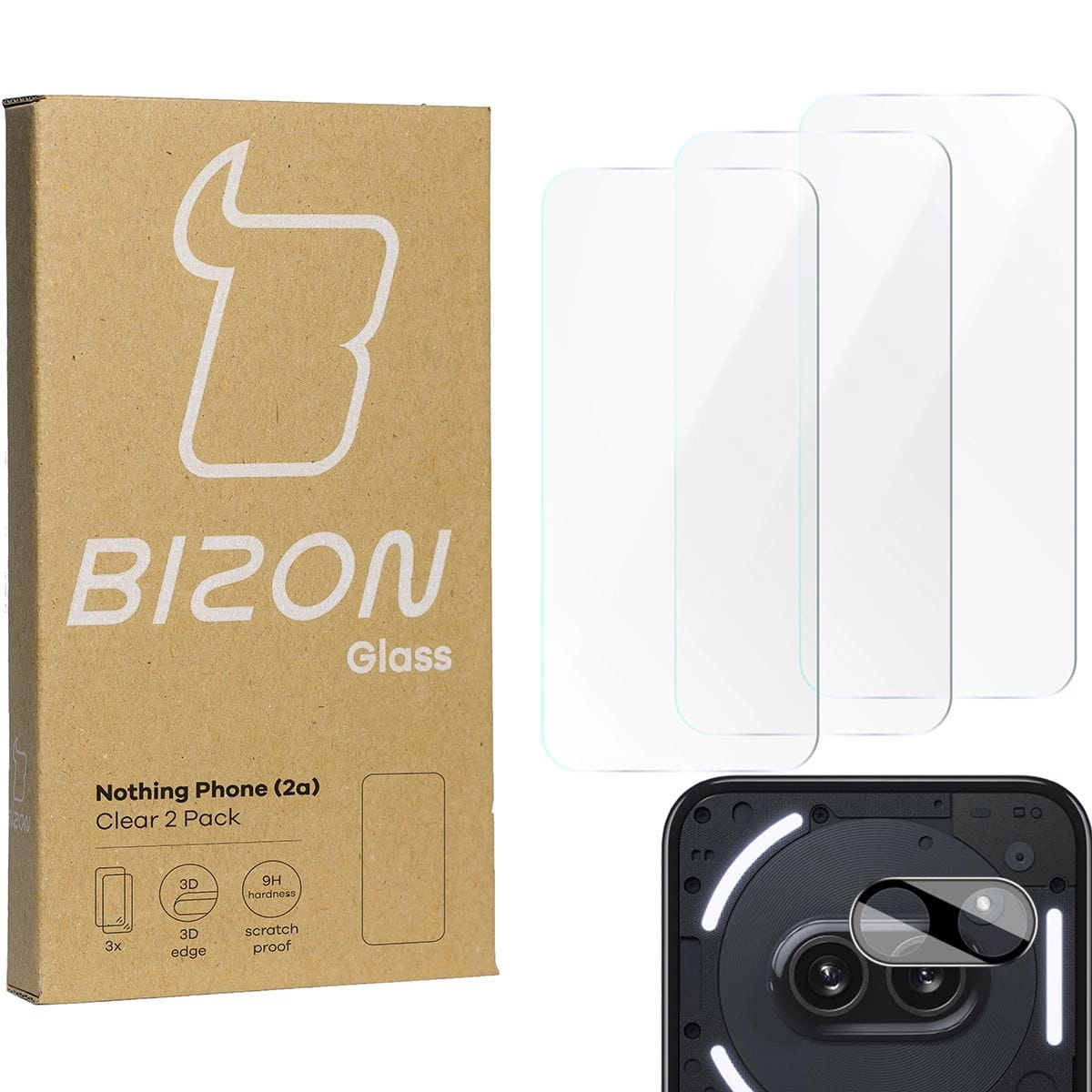Zestaw ochronny Bizon 3x szkło + szybka na aparat Clear 2 Pack do Nothing Phone 2a