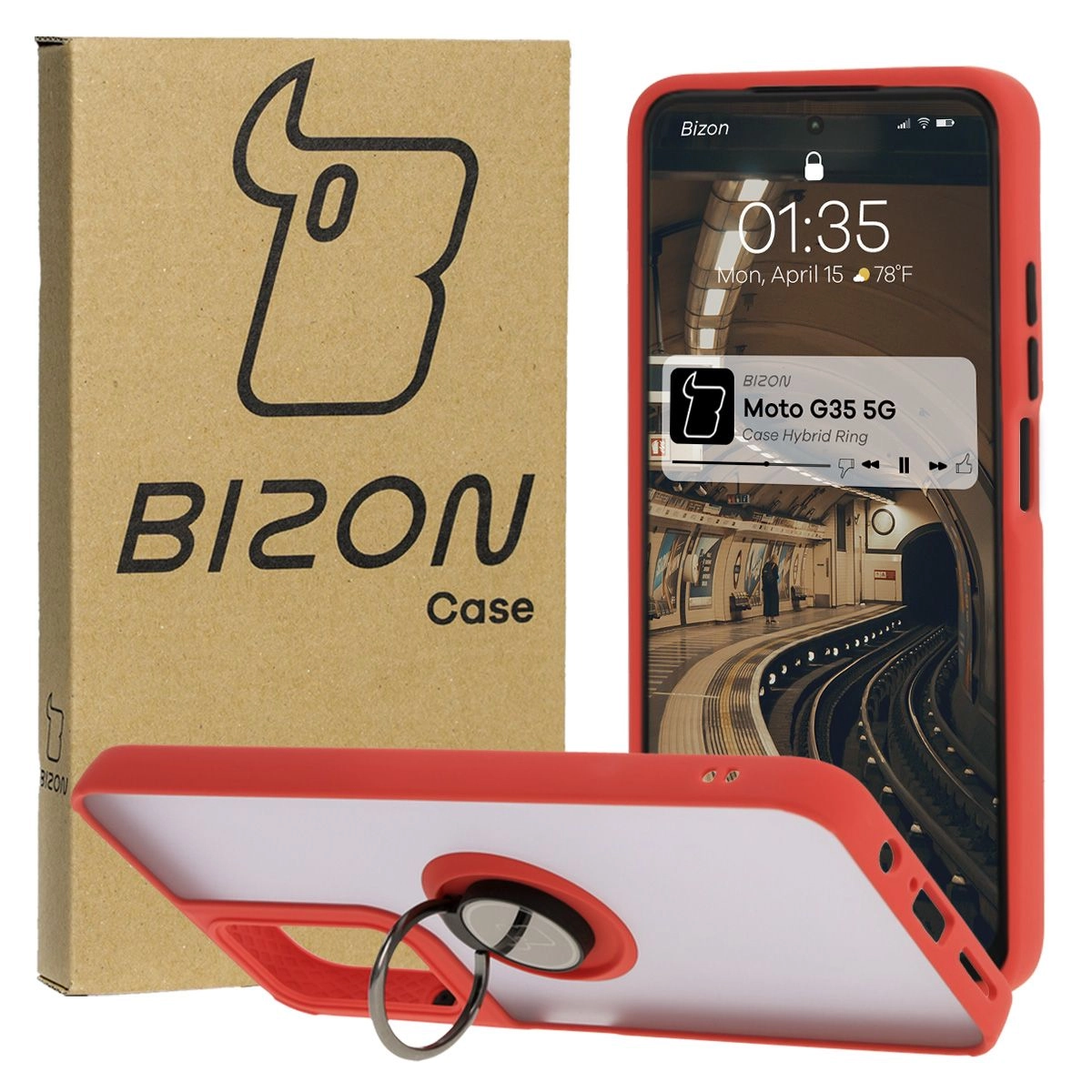 Etui Bizon z uchwytem na palec Hybrid Ring do Motorola Moto G35 5G Przydymione z czerwoną ramką