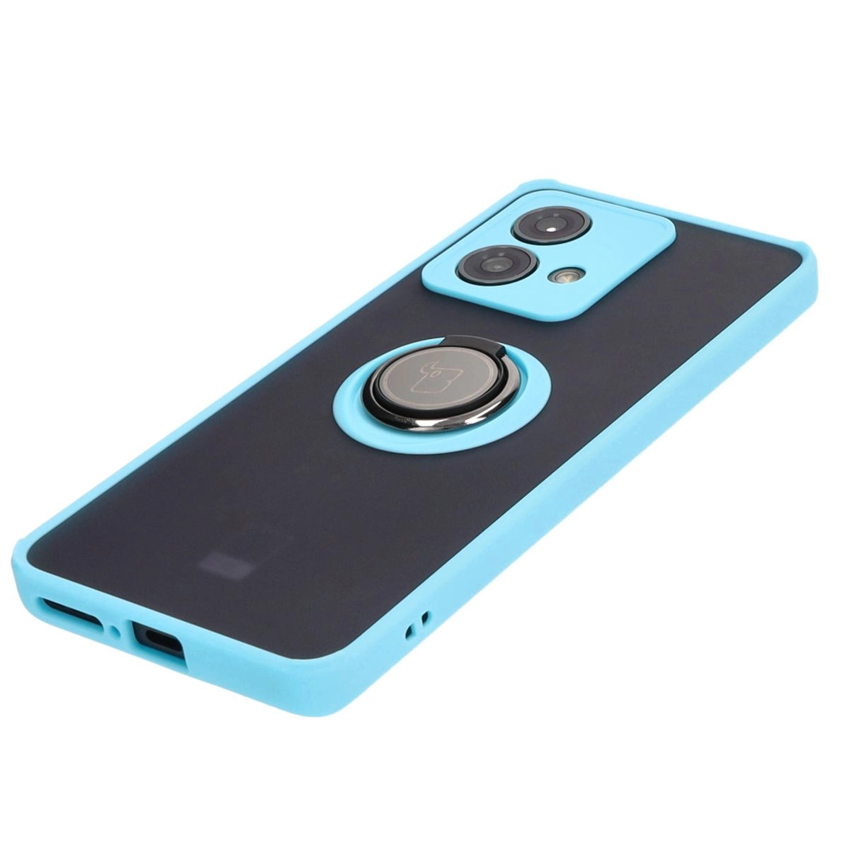 Etui Bizon z uchwytem na palec Hybrid Ring do Motorola Edge 40 Neo Przydymione z jasnoniebieską ramką