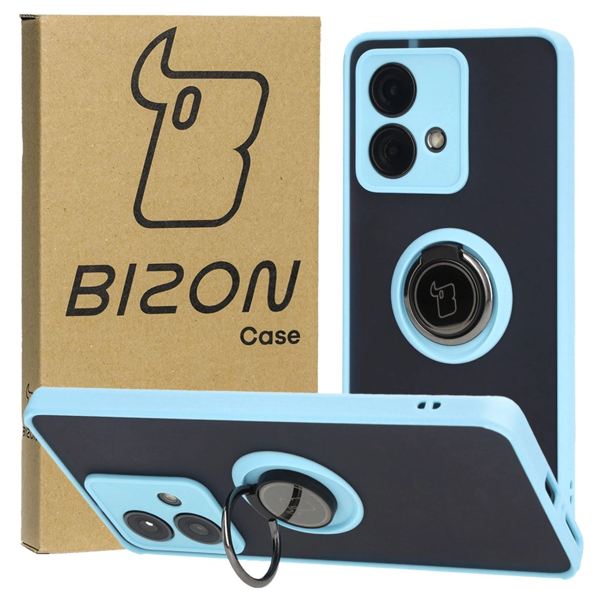 Etui Bizon z uchwytem na palec Hybrid Ring do Motorola Edge 40 Neo Przydymione z jasnoniebieską ramką
