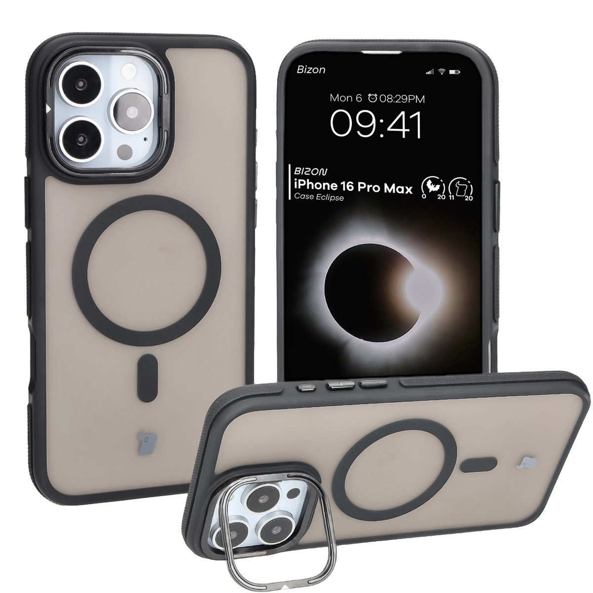 Etui Bizon Eclipse z MagSafe i podstawką do iPhone 16 Pro Max Przydymione z czarną ramką