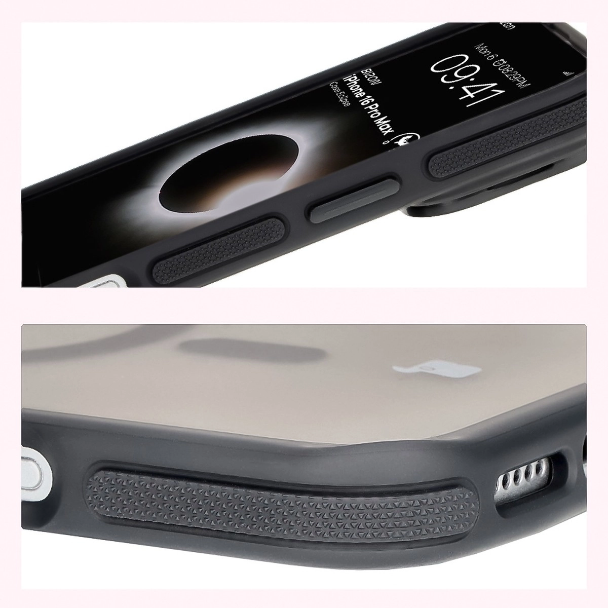 Etui Bizon Eclipse z MagSafe i podstawką do iPhone 16 Pro Max Przydymione z czarną ramką