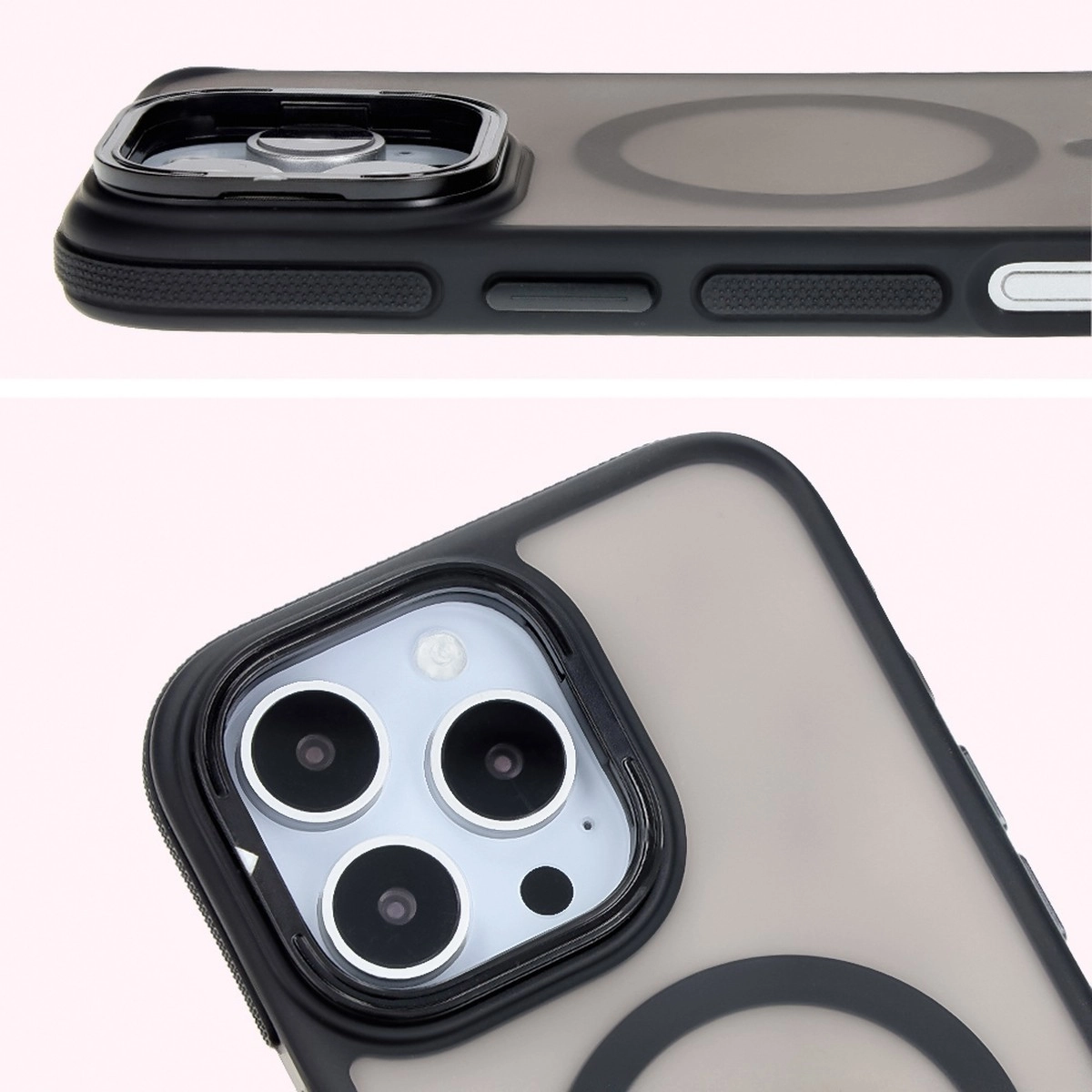 Etui Bizon Eclipse z MagSafe i podstawką do iPhone 16 Pro Max Przydymione z czarną ramką