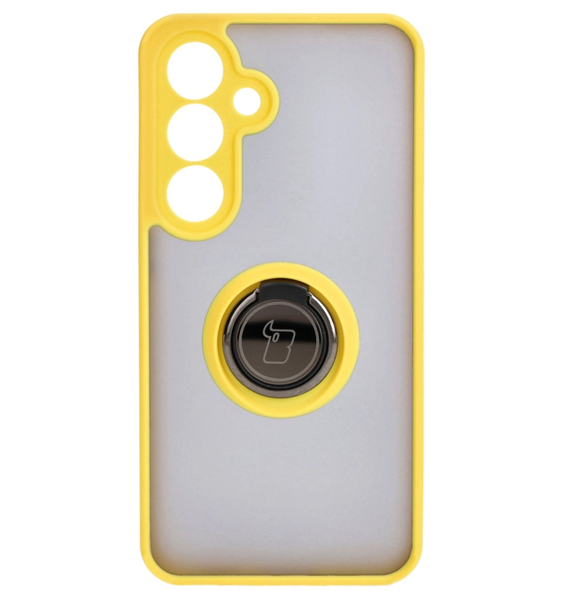 Etui Bizon z uchwytem na palec Hybrid Ring do Galaxy S25 / S24 Przydymione z żółtą ramką