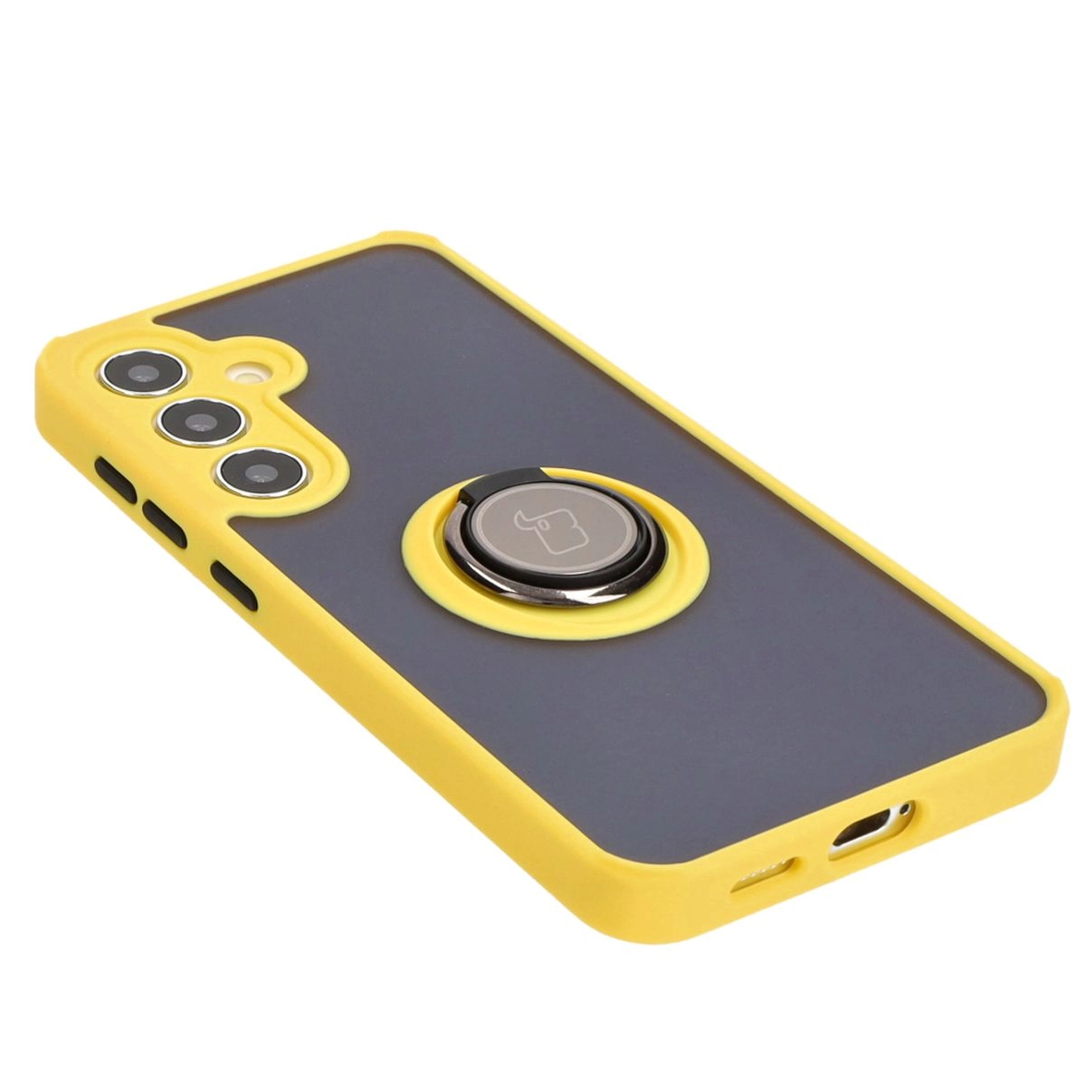 Etui Bizon z uchwytem na palec Hybrid Ring do Galaxy S25 / S24 Przydymione z żółtą ramką