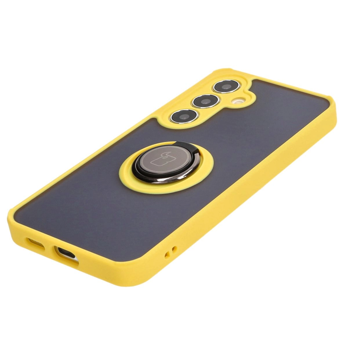 Etui Bizon z uchwytem na palec Hybrid Ring do Galaxy S25 / S24 Przydymione z żółtą ramką
