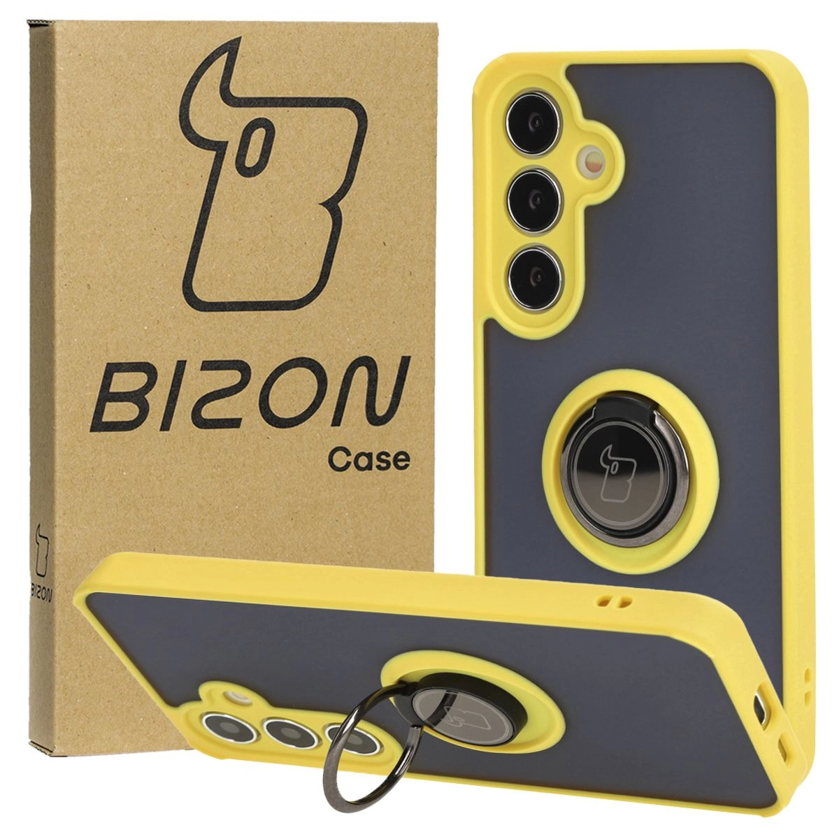 Etui Bizon z uchwytem na palec Hybrid Ring do Galaxy S25 / S24 Przydymione z żółtą ramką