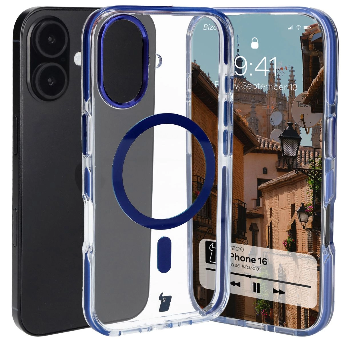 Etui Bizon Marco z MagSafe do iPhone 16 Przezroczyste z niebieską ramką