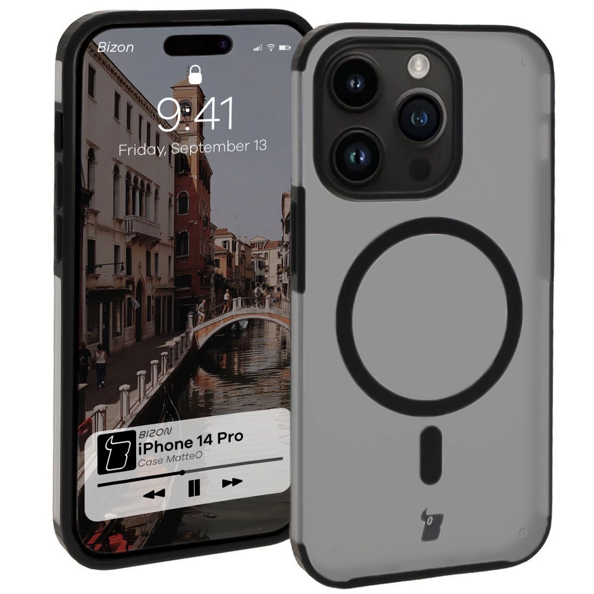Etui Bizon MatteO z MagSafe do iPhone 14 Pro Półprzezroczyste z czarną ramką