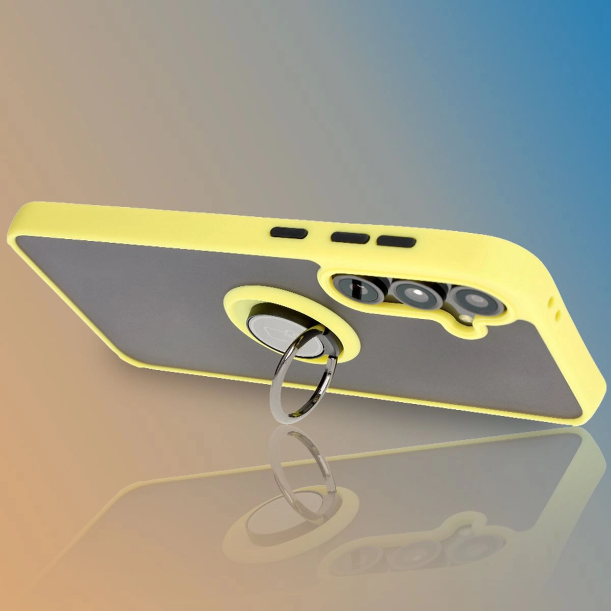Etui Bizon z uchwytem na palec Hybrid Ring do Galaxy S24 FE Przydymione z żółtą ramką