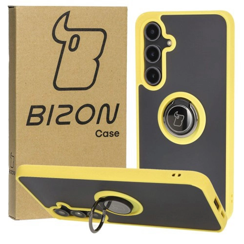 Etui Bizon z uchwytem na palec Hybrid Ring do Galaxy S24 FE Przydymione z żółtą ramką