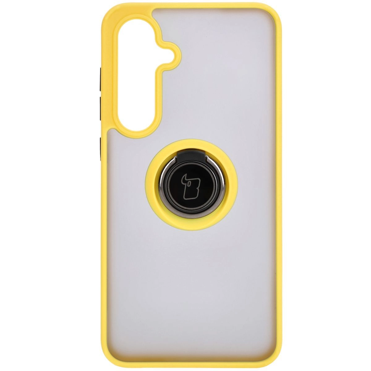 Etui Bizon z uchwytem na palec Hybrid Ring do Galaxy S24 FE Przydymione z żółtą ramką