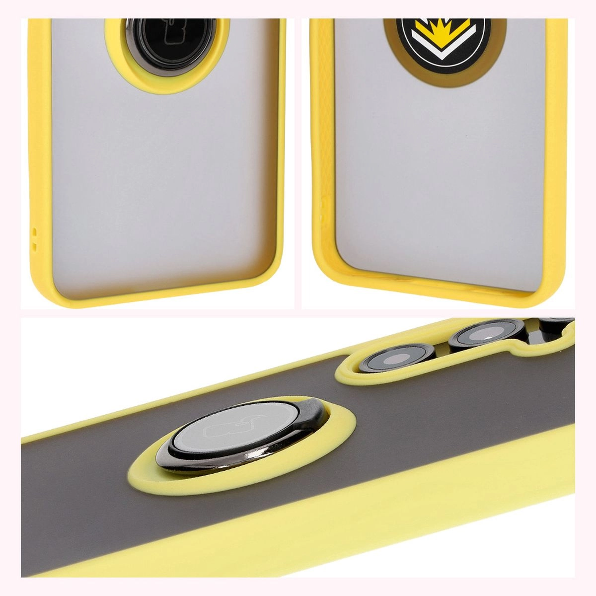 Etui Bizon z uchwytem na palec Hybrid Ring do Galaxy S24 FE Przydymione z żółtą ramką