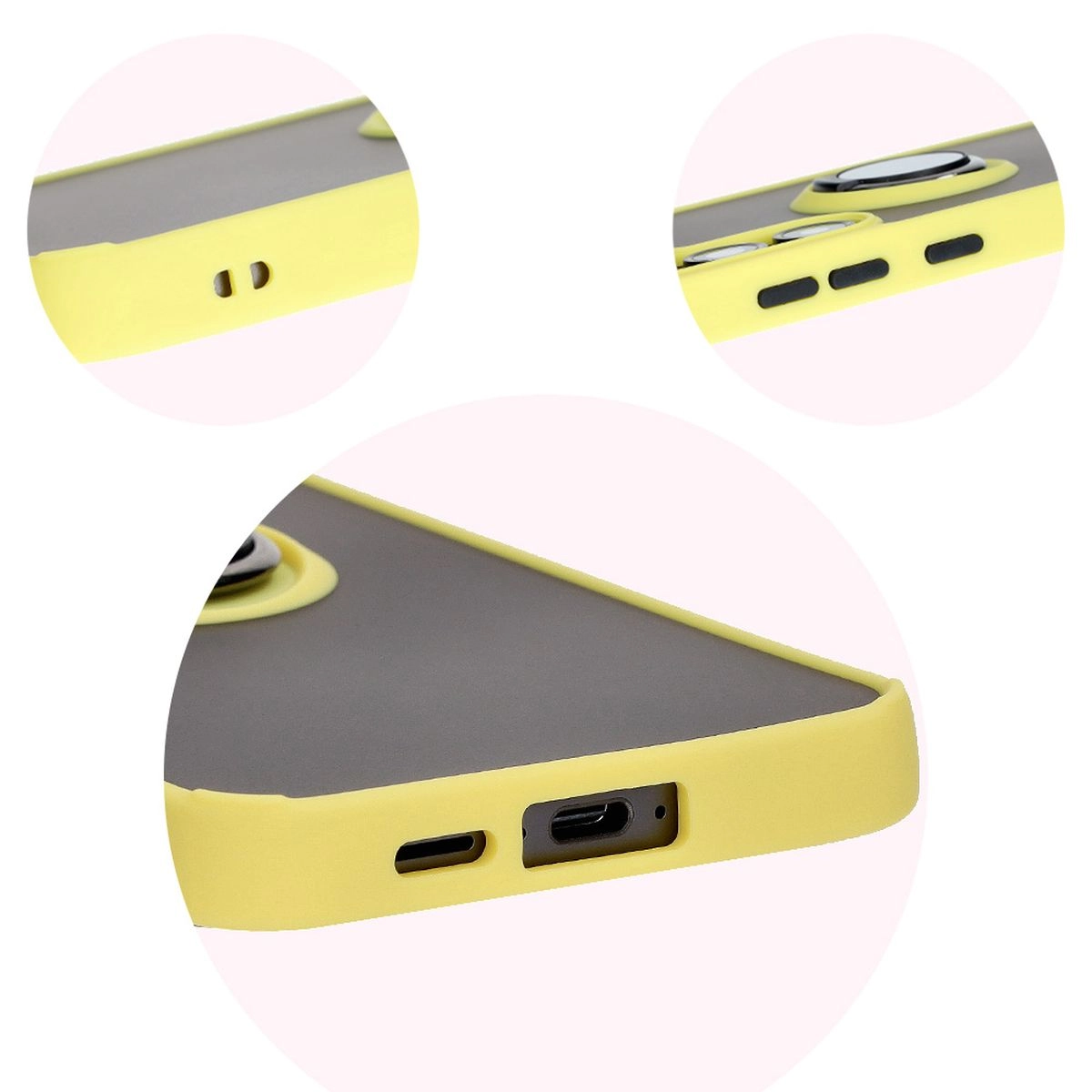 Etui Bizon z uchwytem na palec Hybrid Ring do Galaxy S24 FE Przydymione z żółtą ramką