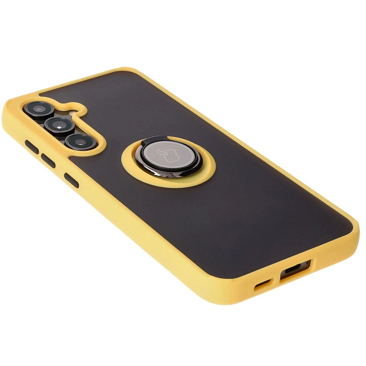 Etui Bizon z uchwytem na palec Hybrid Ring do Galaxy S24 FE Przydymione z żółtą ramką