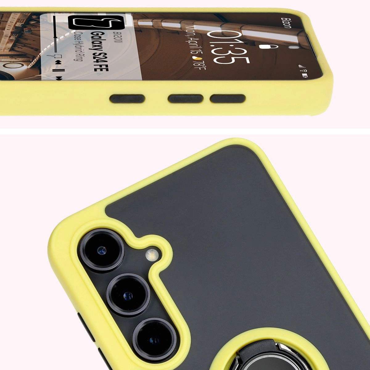 Etui Bizon z uchwytem na palec Hybrid Ring do Galaxy S24 FE Przydymione z żółtą ramką