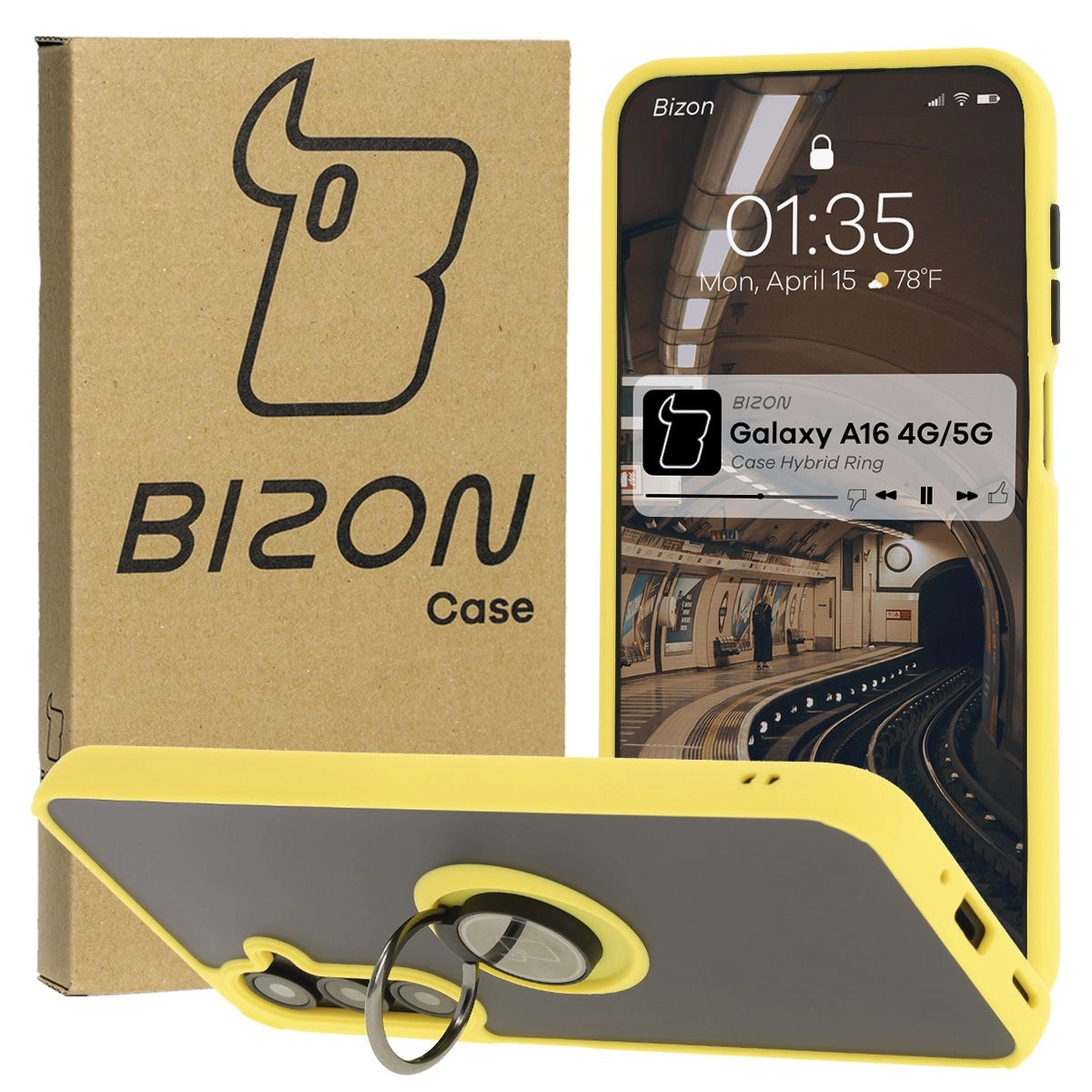 Etui Bizon z uchwytem na palec Hybrid Ring do Galaxy A16 4G/5G Przydymione z żółtą ramką