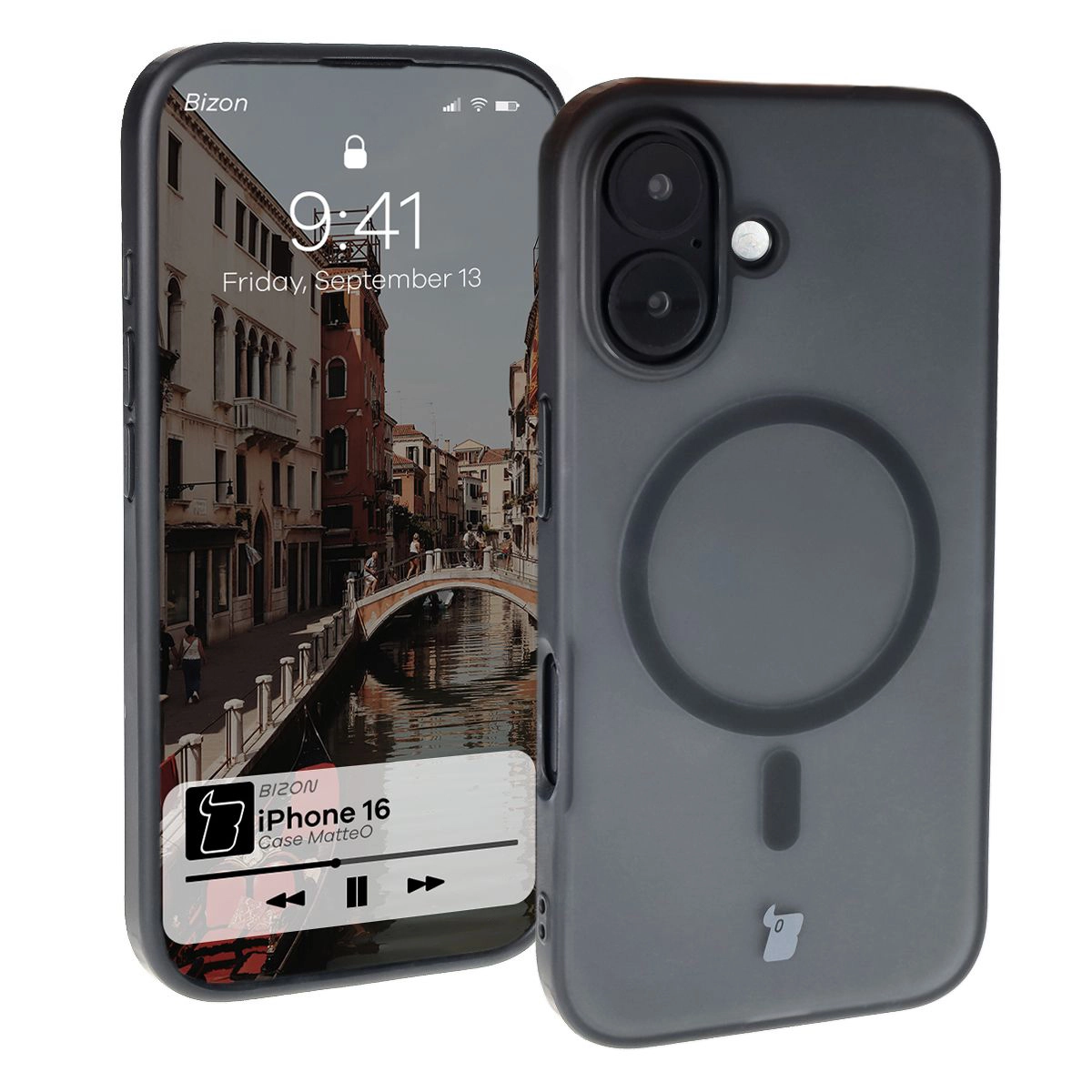 Etui Bizon MatteO z MagSafe do iPhone 16 Półprzezroczyste z czarną ramką