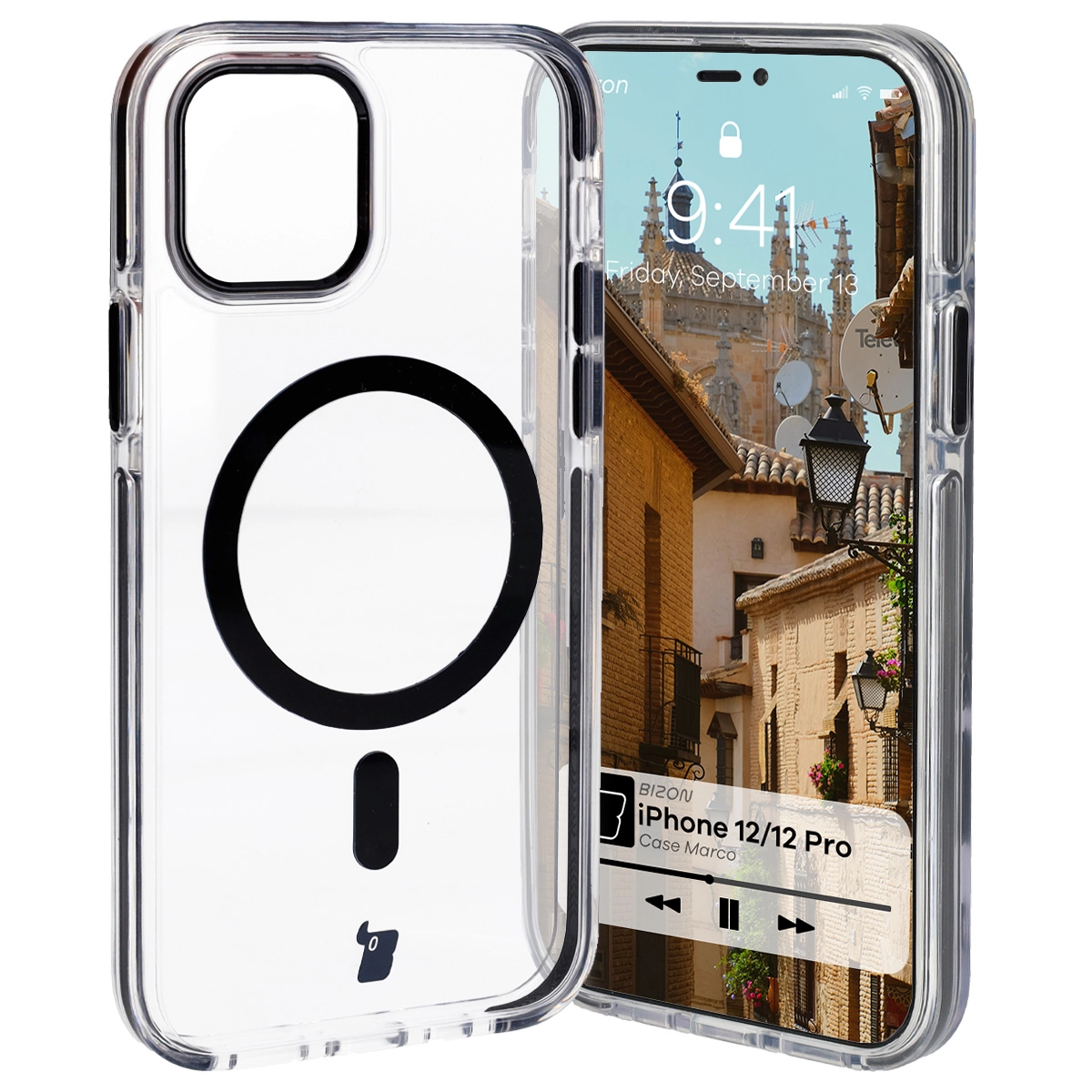 Etui Bizon Marco z MagSafe do iPhone 12 Pro / 12 Przezroczyste z czarną ramką