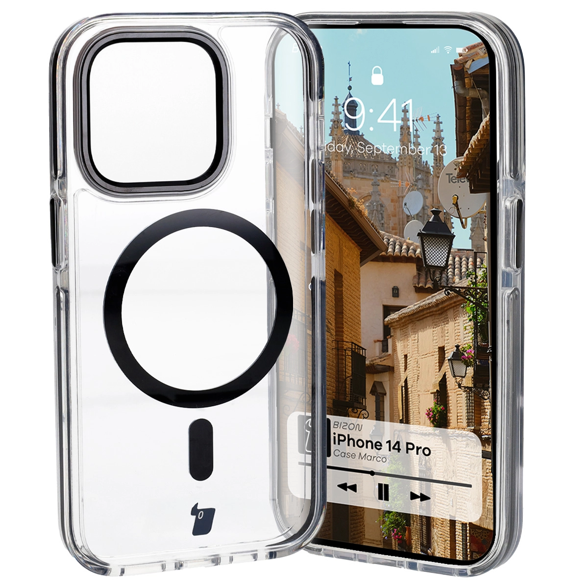 Etui Bizon Marco z MagSafe do iPhone 14 Pro Przezroczyste z czarną ramką